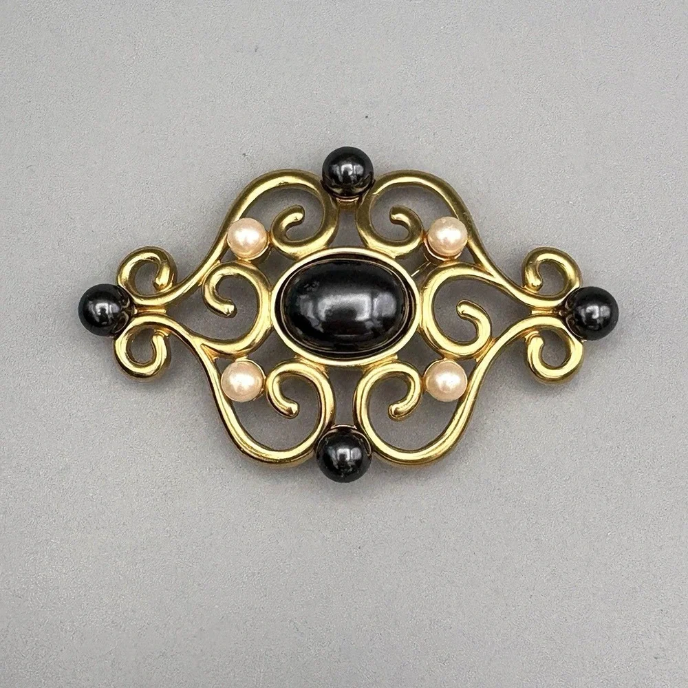 Vintage Monet Pin Brooch Gold Tone Simulated Pearls Scrolls Etruscan Revival